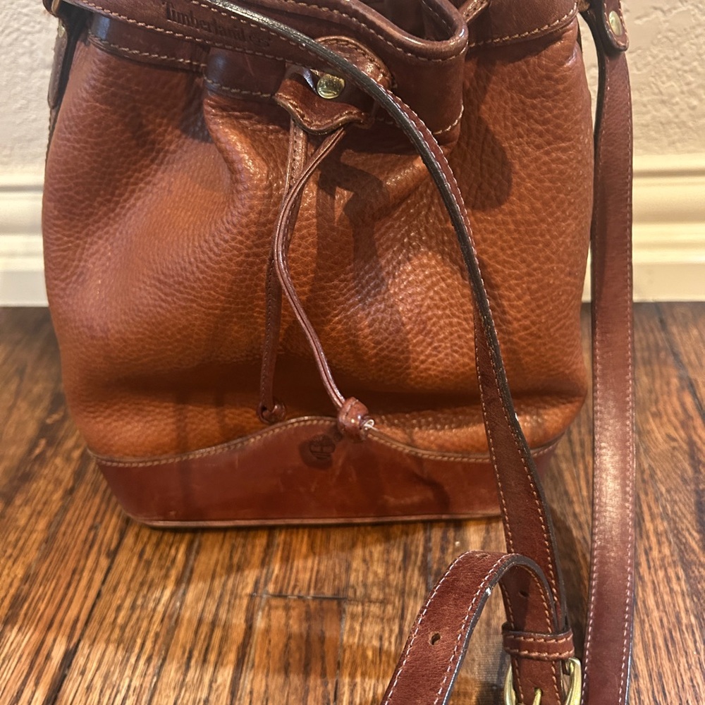 Vintage Timberland chocolate brown leather drawstring bag, great used condition.